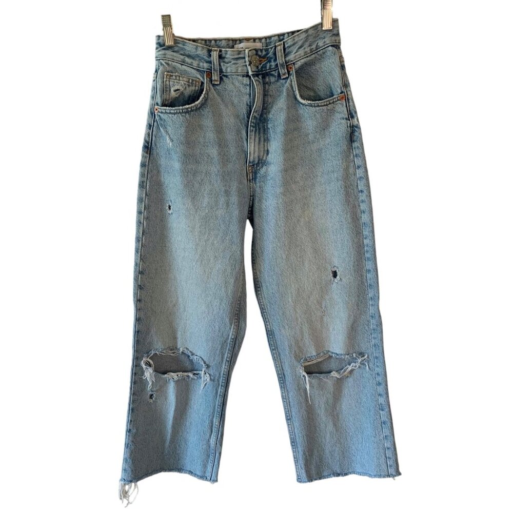 ZARA Light Wash Blue High-Rise Distressed Straight Raw Hem Crop Length Jeans 2